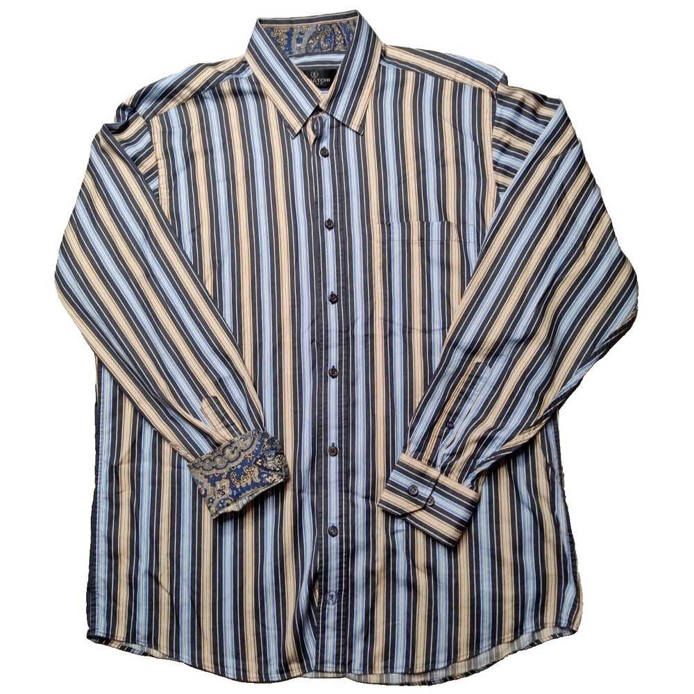 BUGATCHI UOMO Men Large Blue Multi Striped‎ Cotton Paisley Flip Cuff Shirt